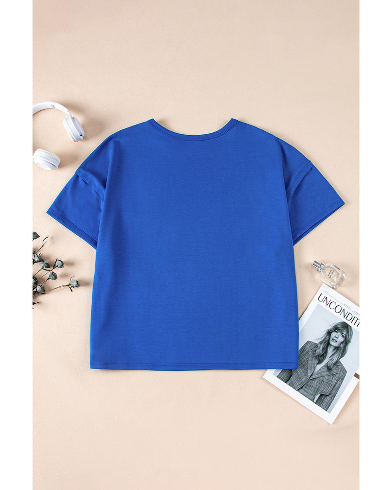 Blue Patched Pocket Exposed Seam Oversize T-shirt - L