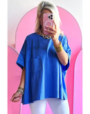 Blue Patched Pocket Exposed Seam Oversize T-shirt - M