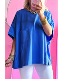 Blue Patched Pocket Exposed Seam Oversize T-shirt - M