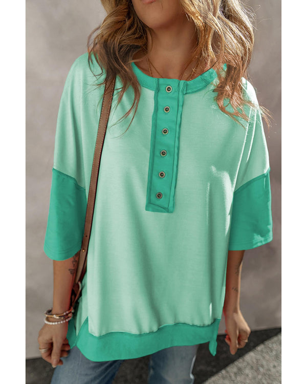 Bright Green Contrast Color Patchwork Half Button T Shirt - S