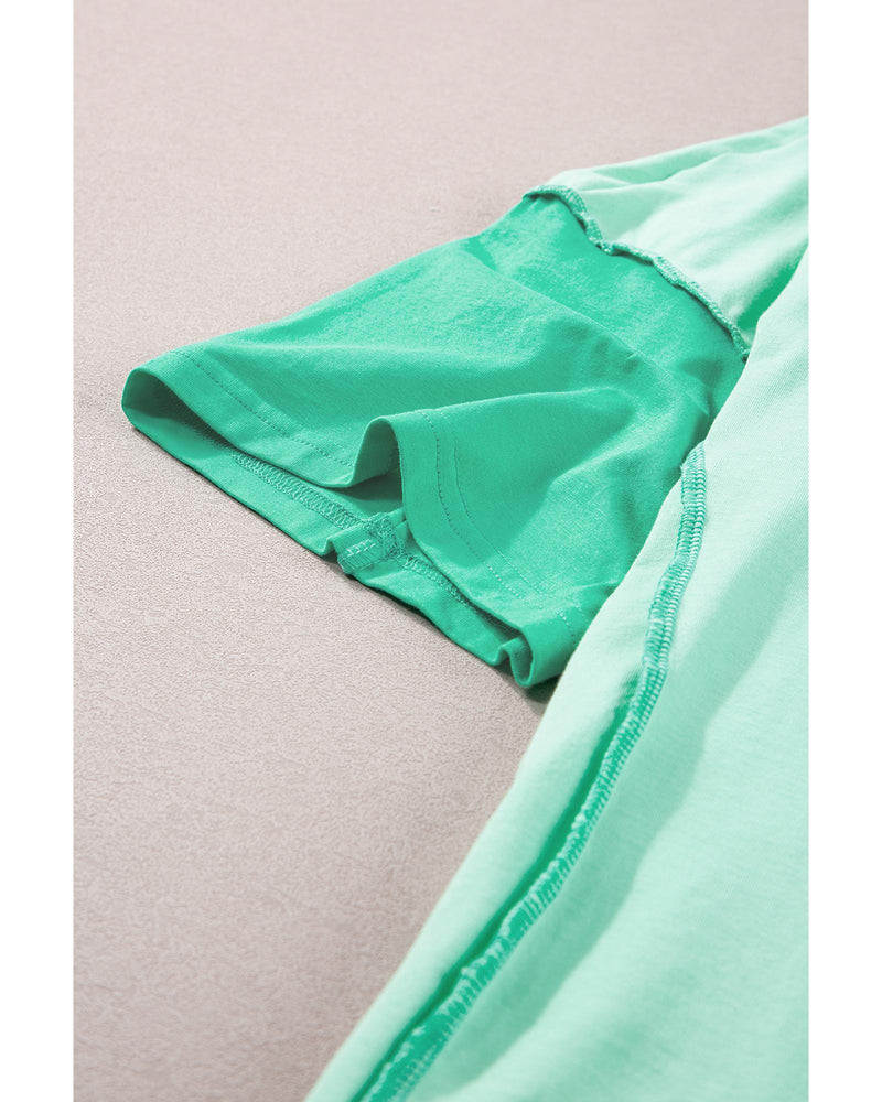 Bright Green Contrast Color Patchwork Half Button T Shirt - S