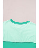 Bright Green Contrast Color Patchwork Half Button T Shirt - S