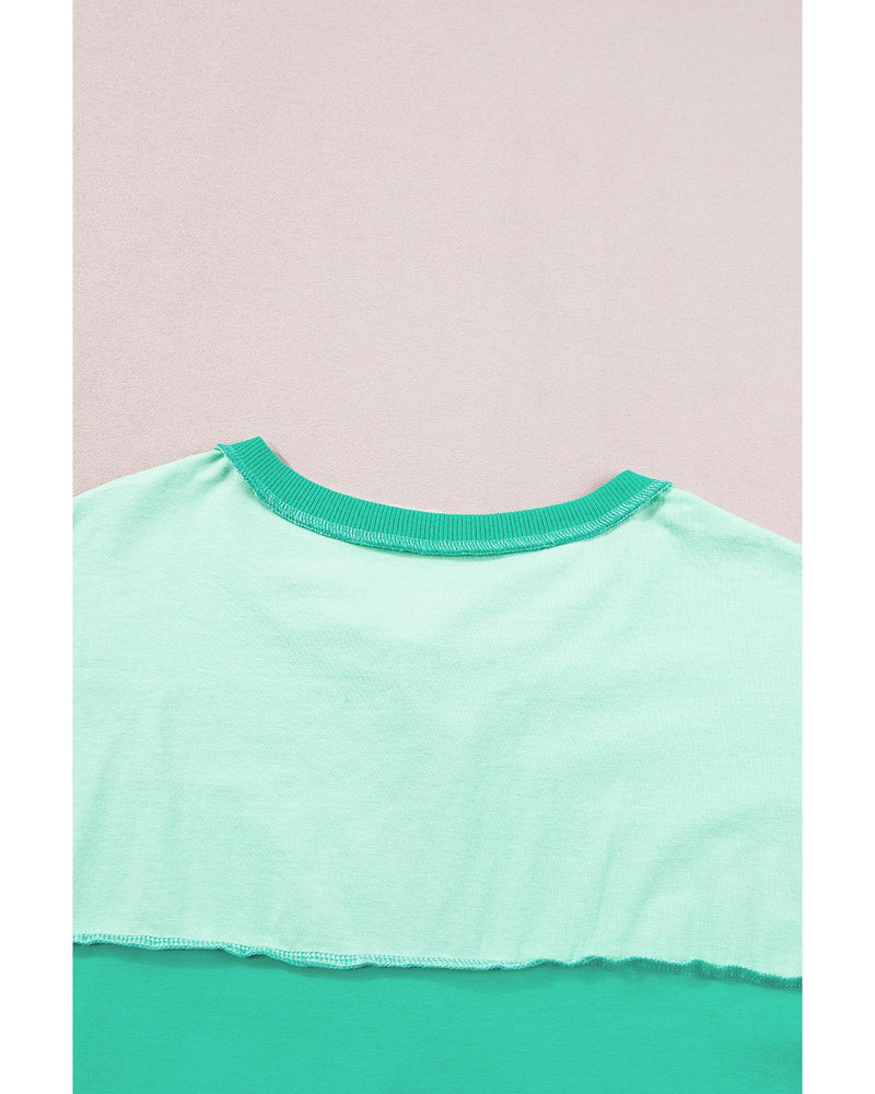 Bright Green Contrast Color Patchwork Half Button T Shirt - S