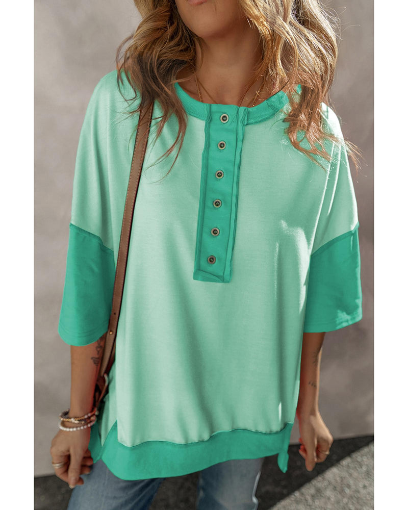 Bright Green Contrast Color Patchwork Half Button T Shirt - S