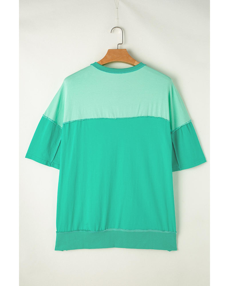 Bright Green Contrast Color Patchwork Half Button T Shirt - S