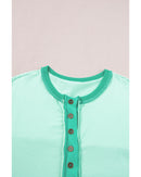 Bright Green Contrast Color Patchwork Half Button T Shirt - S