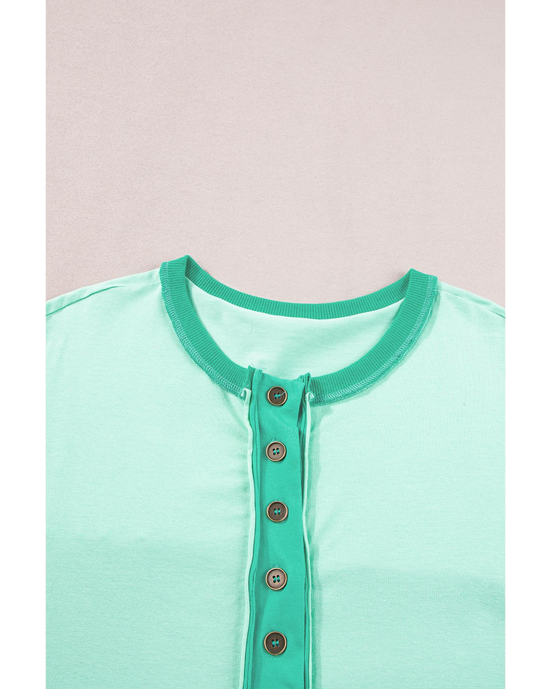 Bright Green Contrast Color Patchwork Half Button T Shirt - S