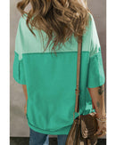 Bright Green Contrast Color Patchwork Half Button T Shirt - S