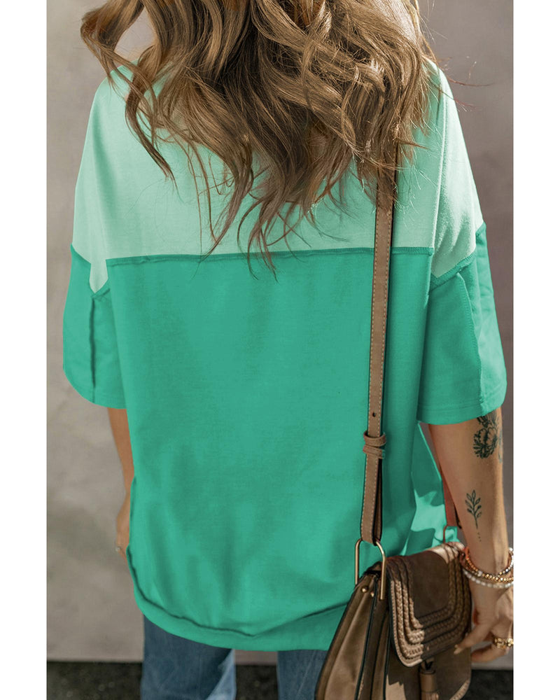 Bright Green Contrast Color Patchwork Half Button T Shirt - S