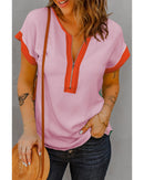 Rose Red Contrast Trim Color Block Front Zipped T Shirt - M