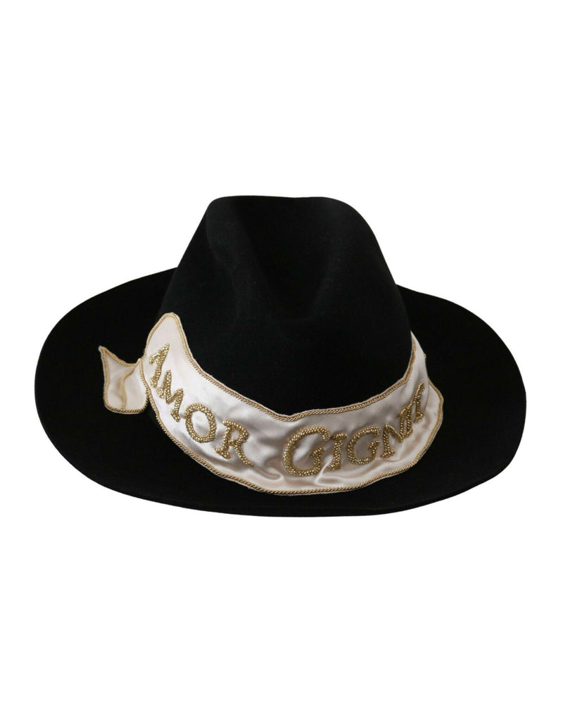 Dolce & Gabbana Women's Black Lapin Amor Gignit Wide Brim Panama Hat - 57 cm