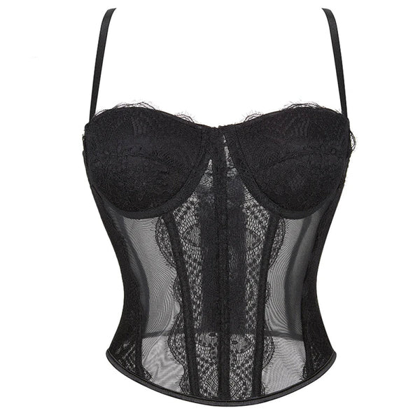 Mesh Lace Plus Size Corset With Spaghetti Straps & G-String 9 Plastic Bones Hook Adjust S-Xxxl - S