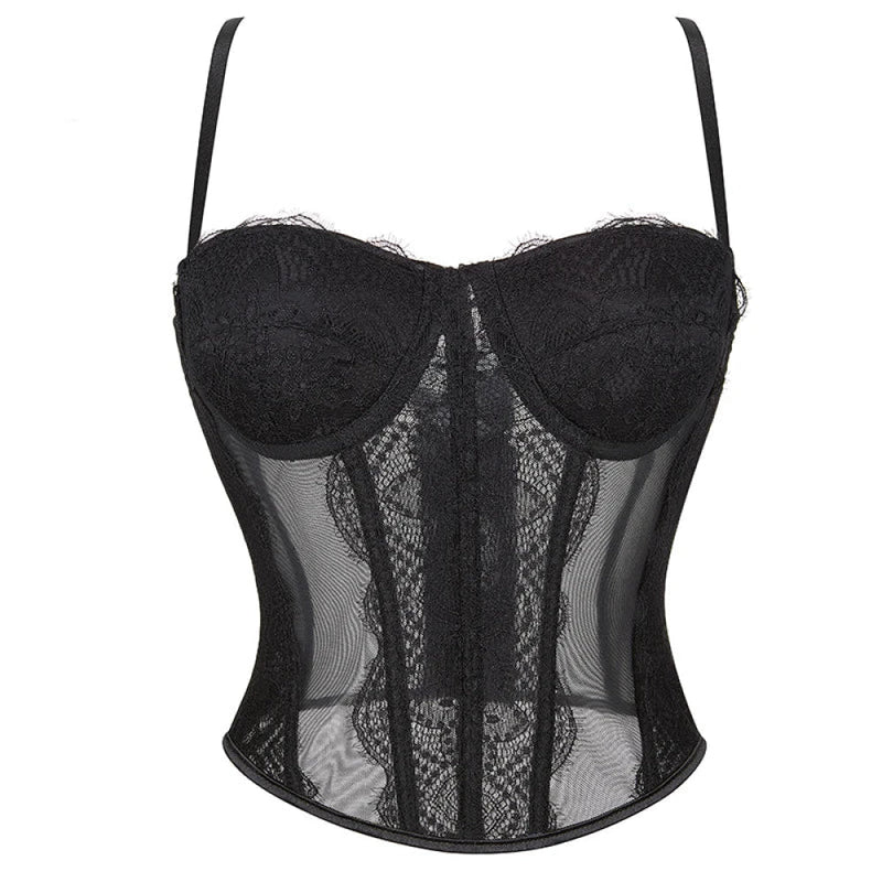 Mesh Lace Plus Size Corset With Spaghetti Straps & G-String 9 Plastic Bones Hook Adjust S-Xxxl - Xl