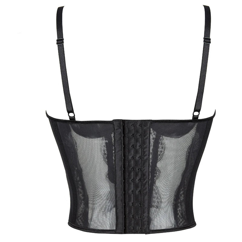 Mesh Lace Plus Size Corset With Spaghetti Straps & G-String 9 Plastic Bones Hook Adjust S-Xxxl - Xl