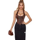 Fish Bone Jacquard Deep V-Neck Corset Crop Top With Halter Neck Plus Size - 5Xl