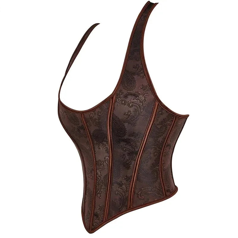 Fish Bone Jacquard Deep V-Neck Corset Crop Top With Halter Neck Plus Size - Xxxl