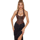 Fish Bone Jacquard Deep V-Neck Corset Crop Top With Halter Neck Plus Size - Xs