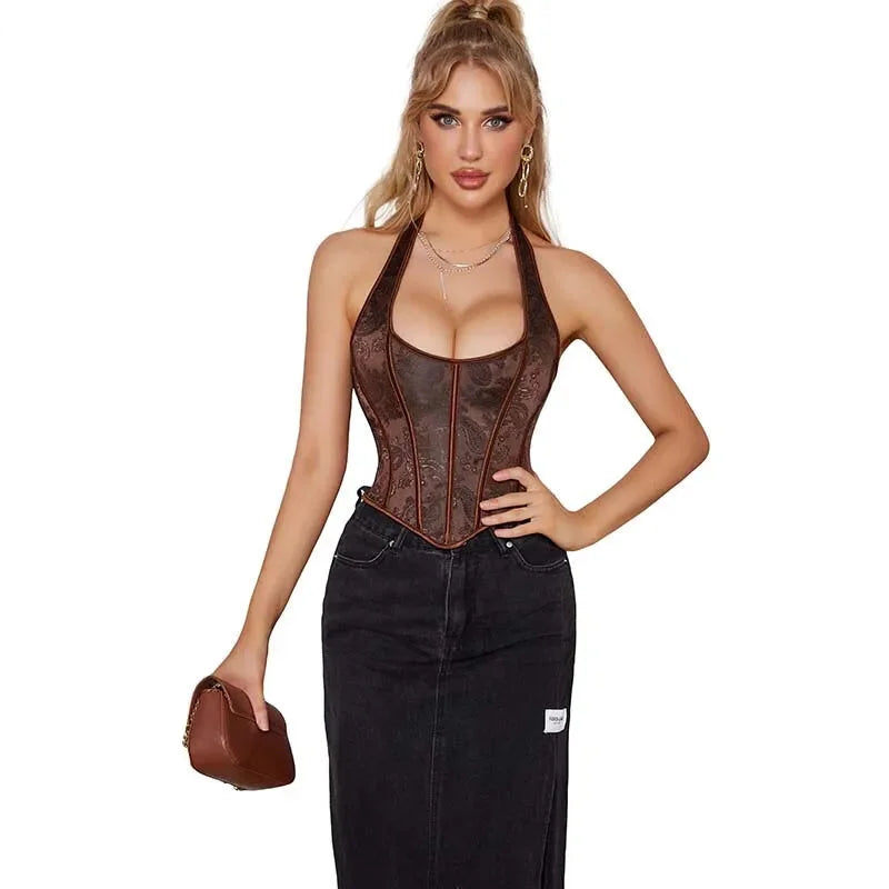Fish Bone Jacquard Deep V-Neck Corset Crop Top With Halter Neck Plus Size - M