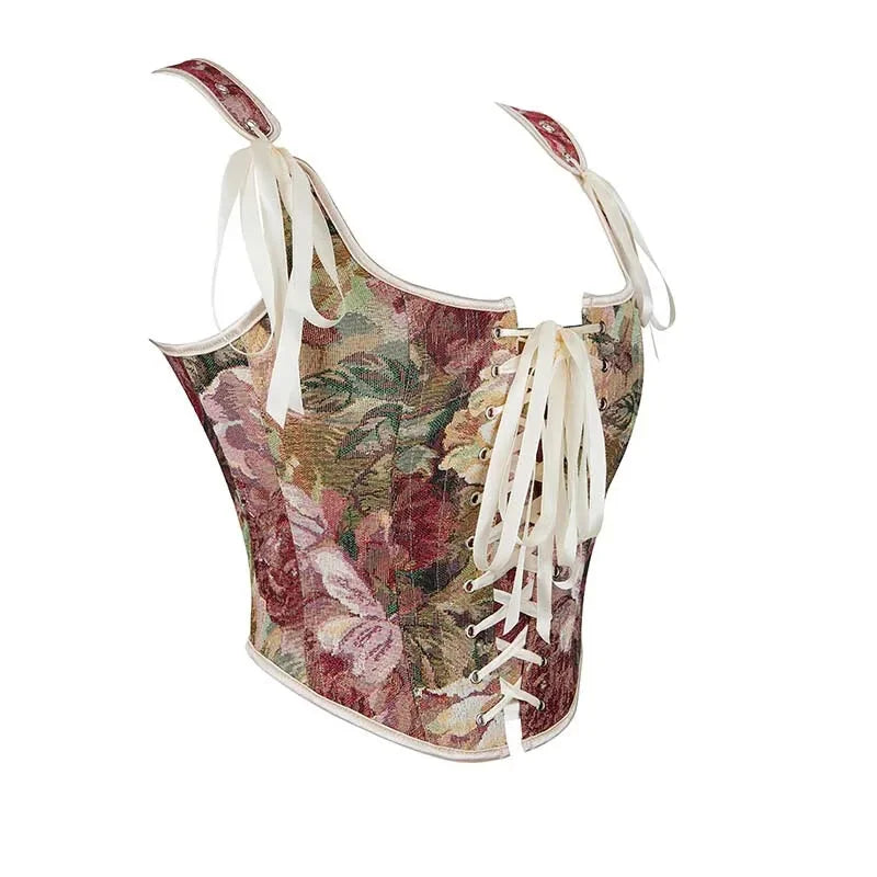 Floral Print Bowknot Tie Strap Sleeveless Vest Corset Bustier Plus Size S-Xxl - Xl