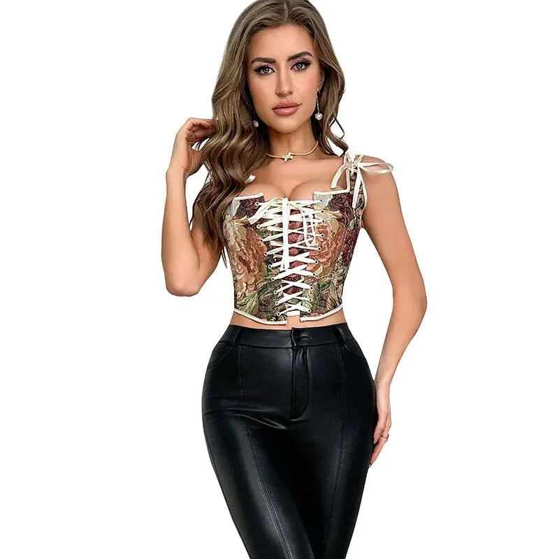 Floral Print Bowknot Tie Strap Sleeveless Vest Corset Bustier Plus Size S-Xxl - Xl
