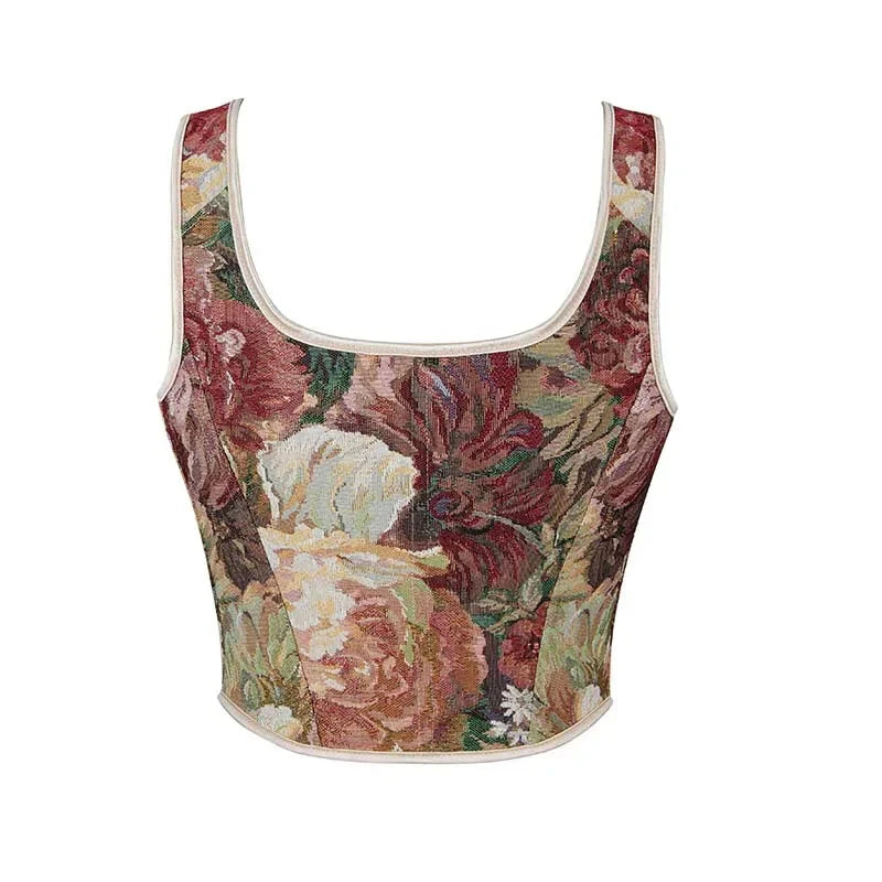 Floral Print Bowknot Tie Strap Sleeveless Vest Corset Bustier Plus Size S-Xxl - L