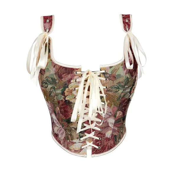 Floral Print Bowknot Tie Strap Sleeveless Vest Corset Bustier Plus Size S-Xxl - M