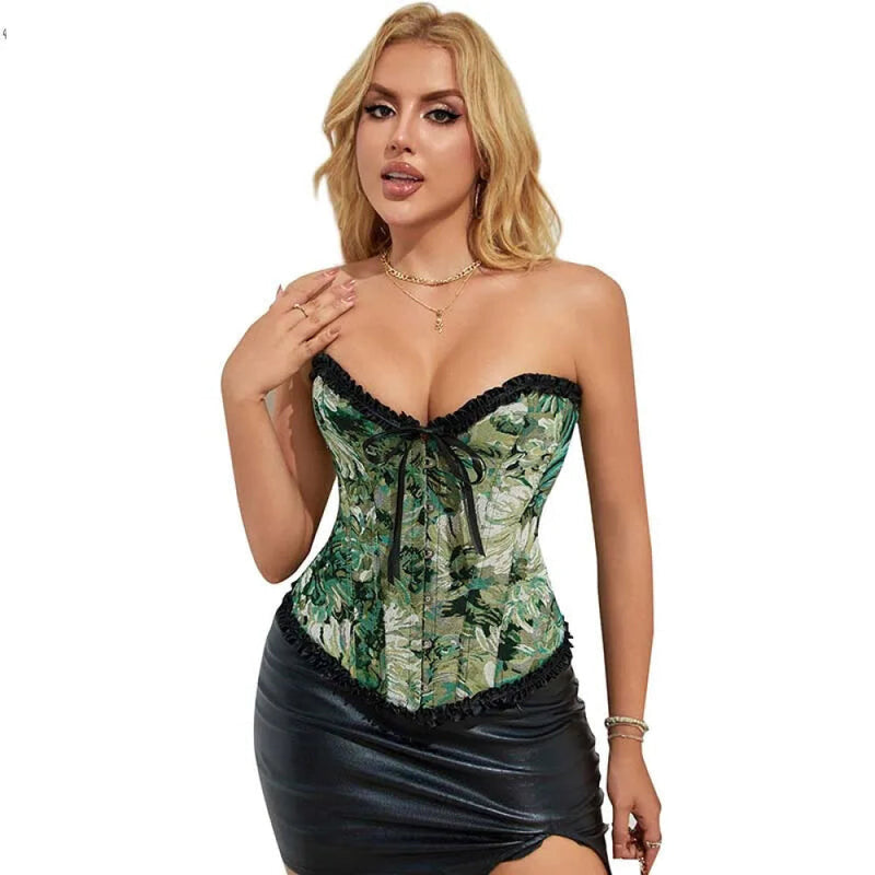 Ruffled Lace Trim Boned Corset Top Green Renaissance Christmas Lingerie - Xs