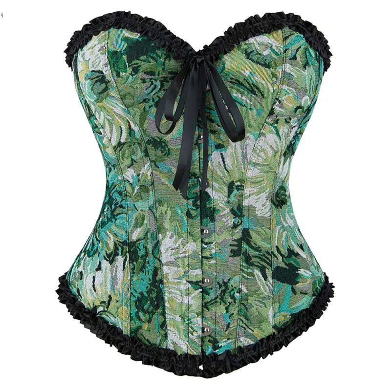 Ruffled Lace Trim Boned Corset Top Green Renaissance Christmas Lingerie - Xs