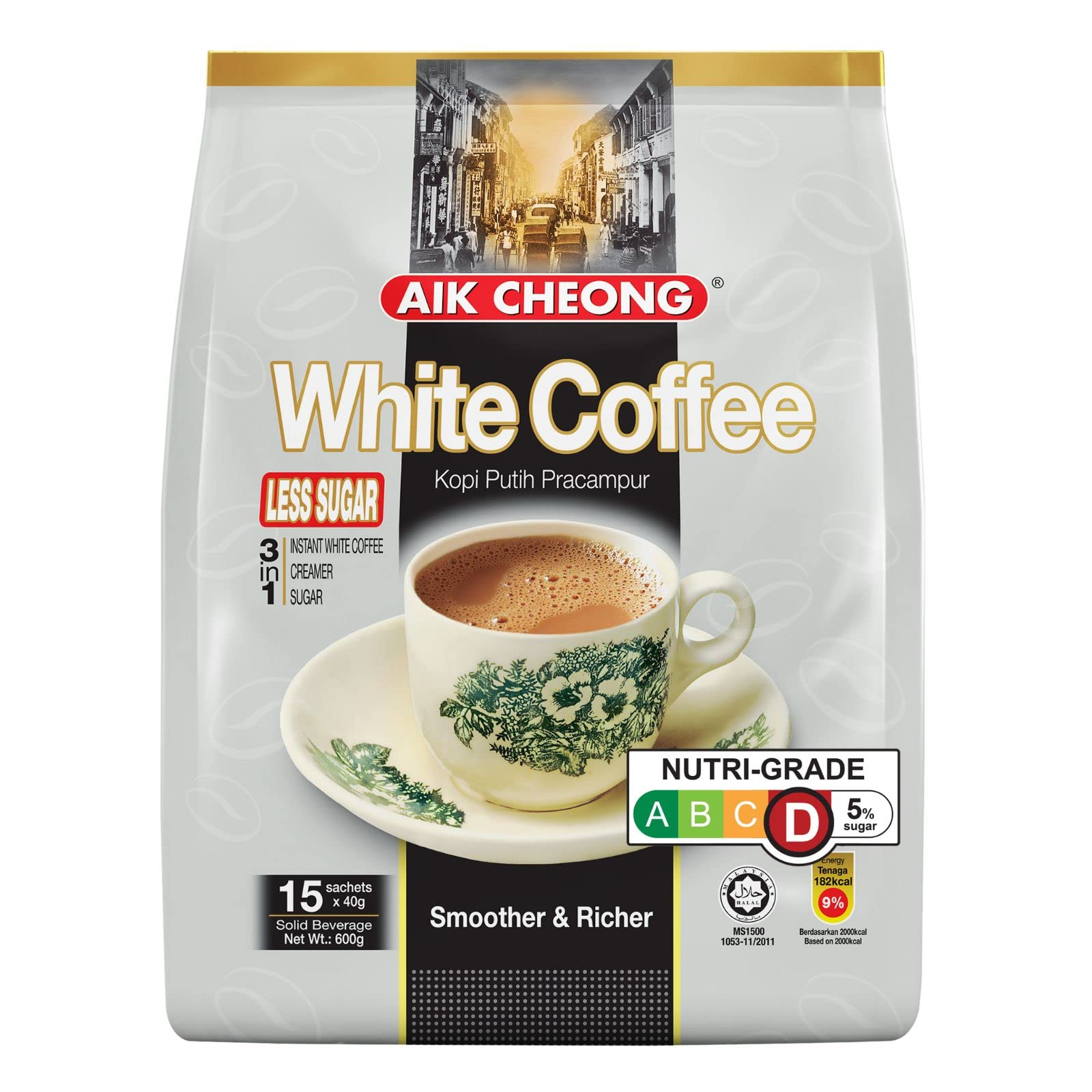 24x Aik Cheong White Instant Coffee Packs (360x 40g Sachets) - Less Sugar (14.4kg Total) Bulk