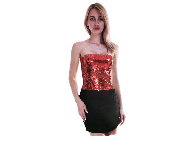 Womens SEQUIN BANDEAU CROP TOP Sparkling Sparkly Costume Tube - Red