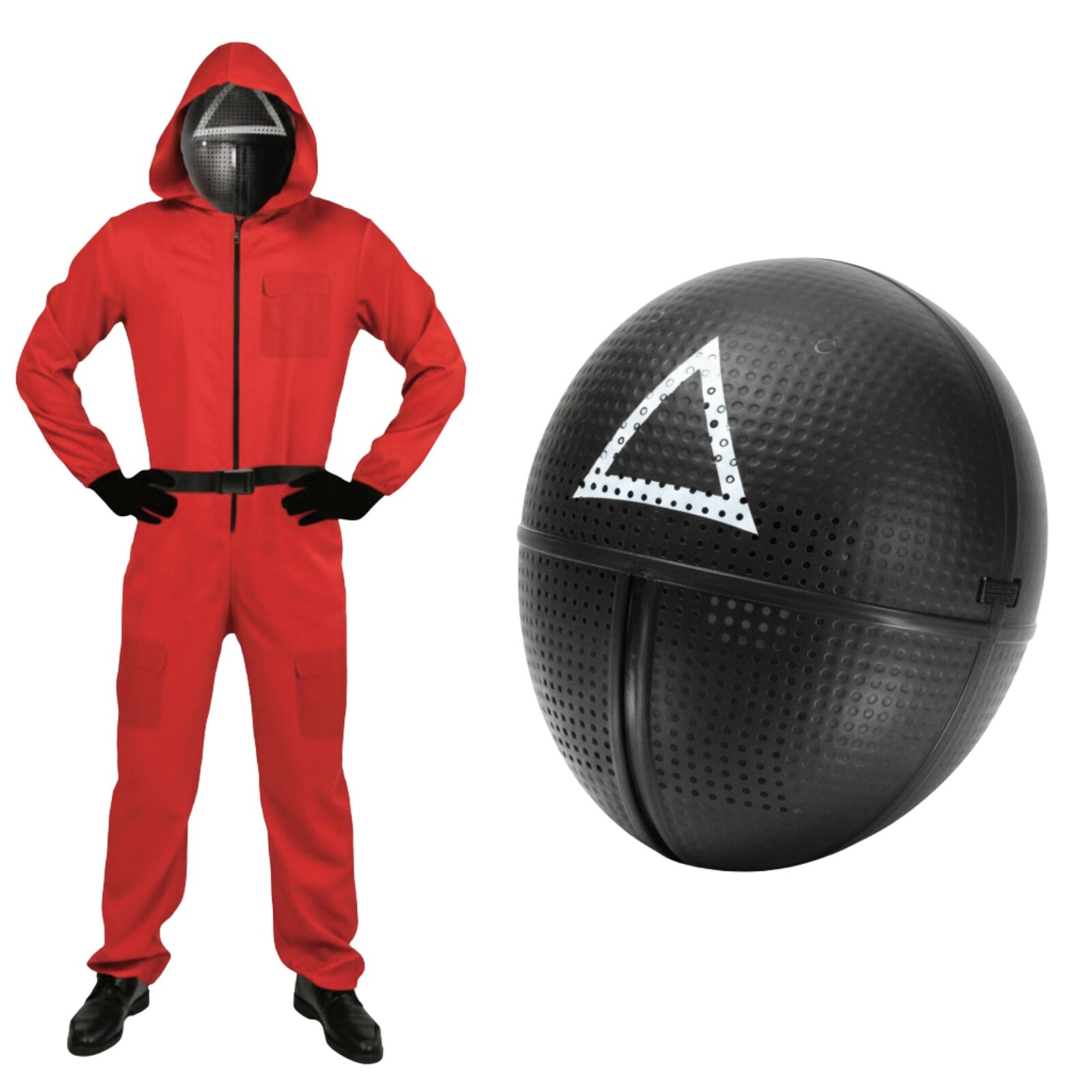 Adult Squid Game Guard Tracksuit Red Full Party Costume Set w/ Mask - Triangle Mask - S/M