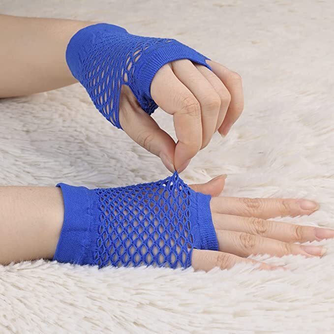 12 Pair Fishnet Gloves Fingerless Wrist Length 70s 80s Costume Party Bulk - Blue