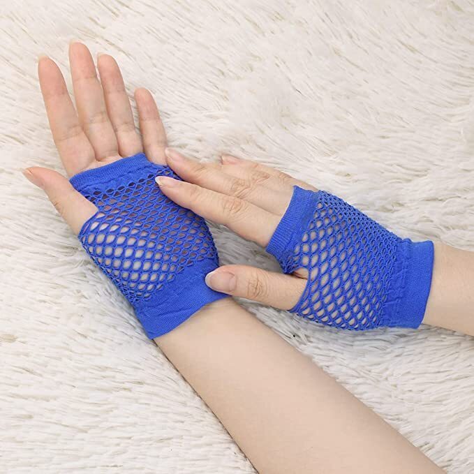 12 Pair Fishnet Gloves Fingerless Wrist Length 70s 80s Costume Party Bulk - Blue
