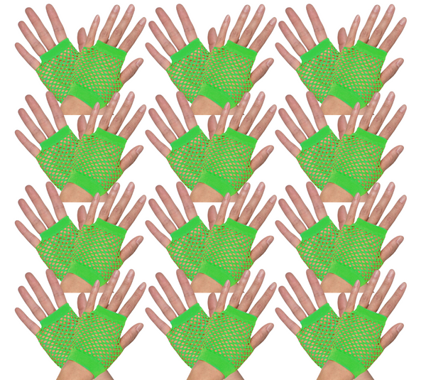 12 Pair Fishnet Gloves Fingerless Wrist Length 70s 80s Costume Party Fluro Green
