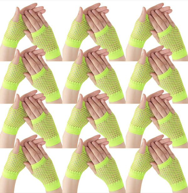 12 Pair Fishnet Gloves Fingerless Wrist Length 70s 80s Costume Party - Fluro Yellow