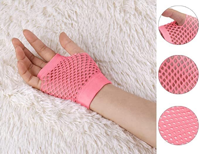 12 Pair Fishnet Gloves Fingerless Wrist Length 70s 80s Costume Party -Light Pink