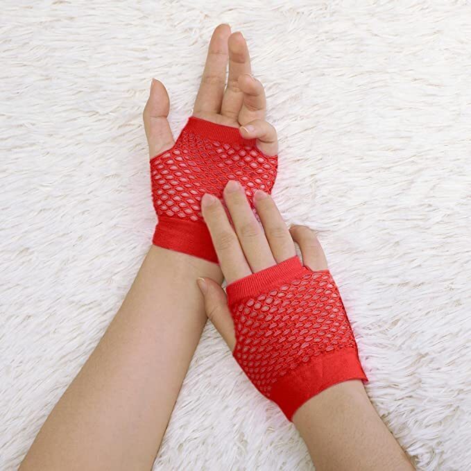 12 Pair Fishnet Gloves Fingerless Wrist Length 70s 80s Costume Party Bulk - Red