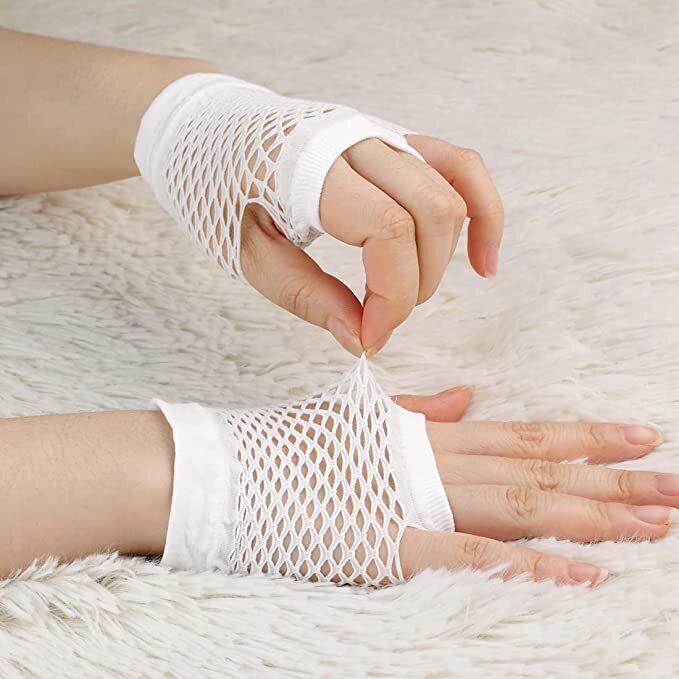 12 Pair Fishnet Gloves Fingerless Wrist Length 70s 80s Costume Party - White