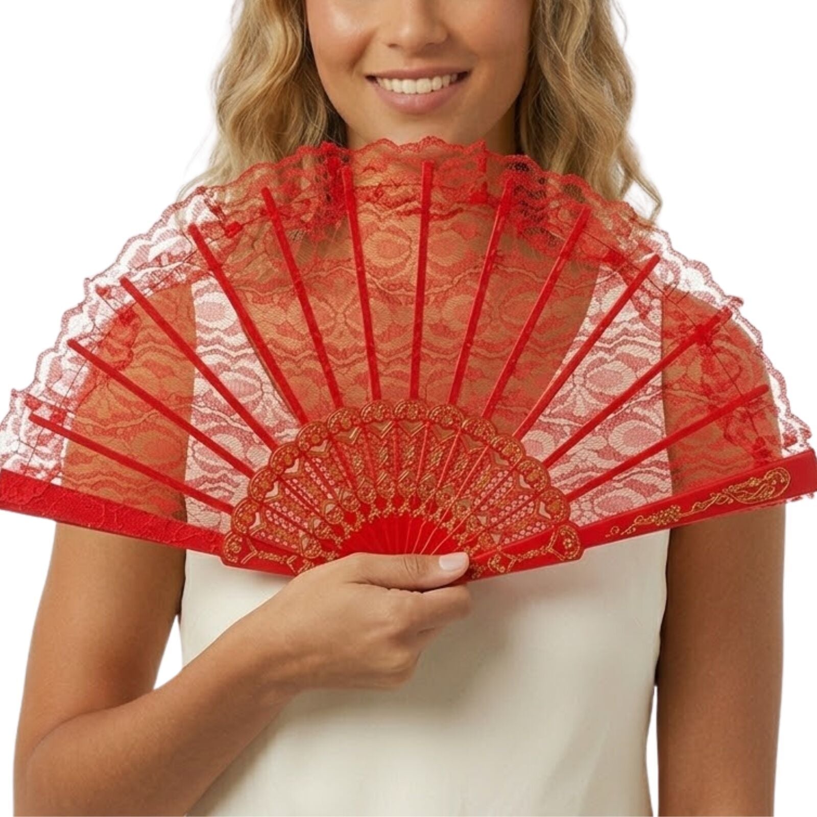 Lace Folding Hand Fan Bridal Wedding Party Spanish Costume Accessory - Red