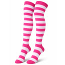 Womens Over Knee Socks Striped Thigh High Stockings Long Stretch - Pink/White
