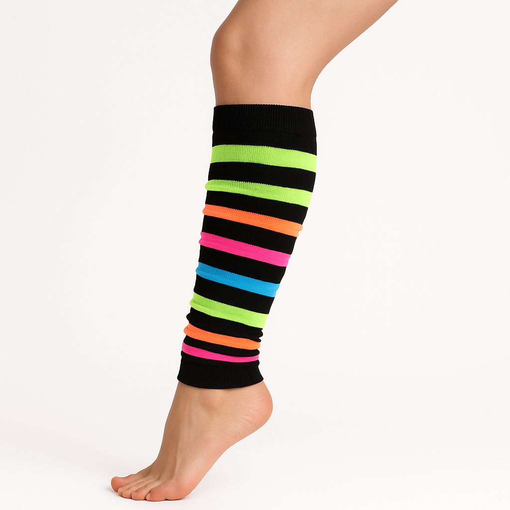RAINBOW LEG WARMERS Party Costume Fine Stretch Ladies Girls Fancy Dress - Rainbow with Black Stripe