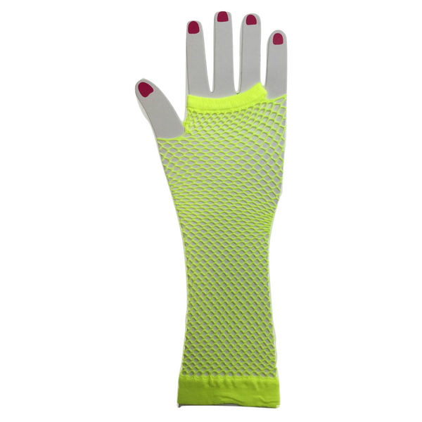 FISHNET GLOVES Fingerless Elbow Length 70s 80s Womens Costume Party Dance - Fluro Yellow - One Size