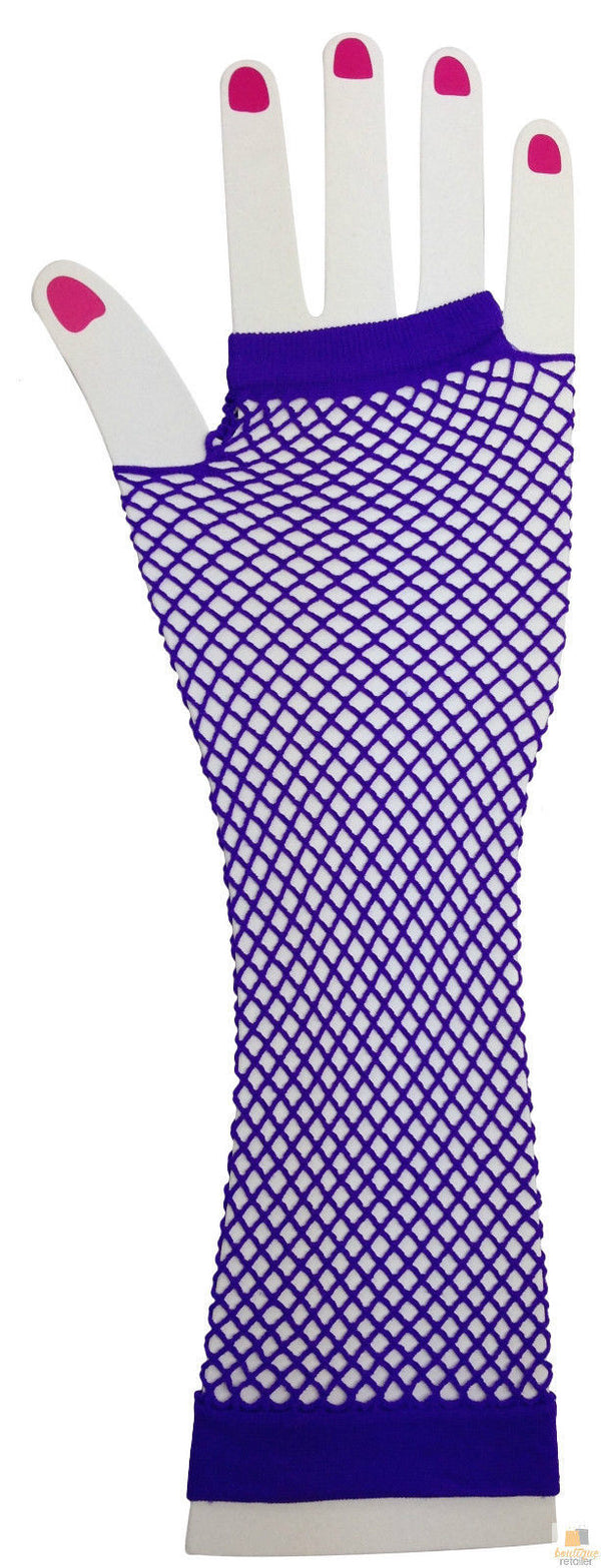 FISHNET GLOVES Fingerless Elbow Length 70s 80s Womens Costume Party Dance - Purple - One Size