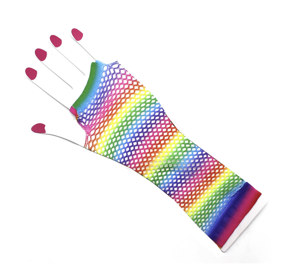 Rainbow Stripe Fishnet Fingerless Gloves 80s Costume Burlesque Mardi Gras Dance