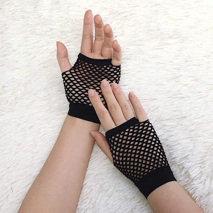 1 Pair Fishnet Gloves Fingerless Wrist Length 70s 80s Costume Party Dance - Black