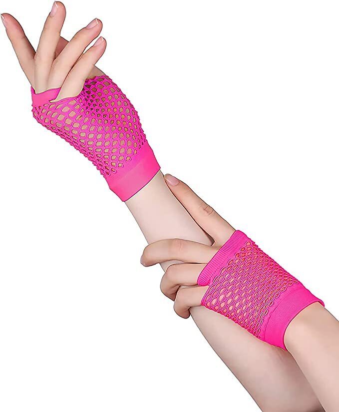 1 Pair Fishnet Gloves Fingerless Wrist Length 70s 80s Costume Party - Hot Pink