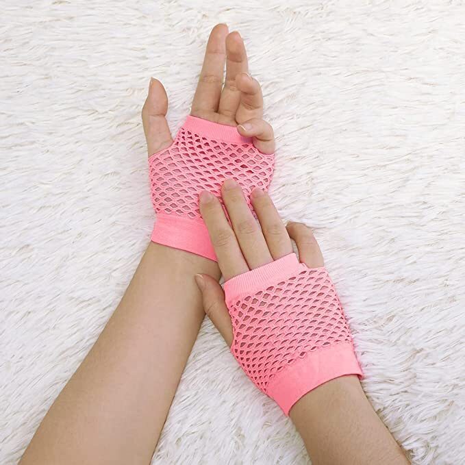 1 Pair Fishnet Gloves Fingerless Wrist Length 70s 80s Costume Party - Light Pink