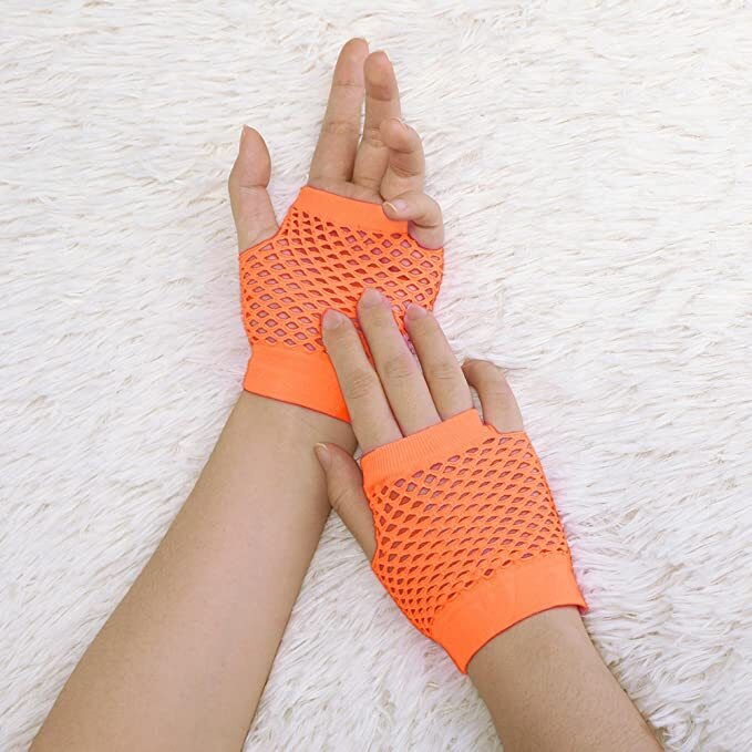 1 Pair Fishnet Gloves Fingerless Wrist Length 70s 80s Costume Party - Orange