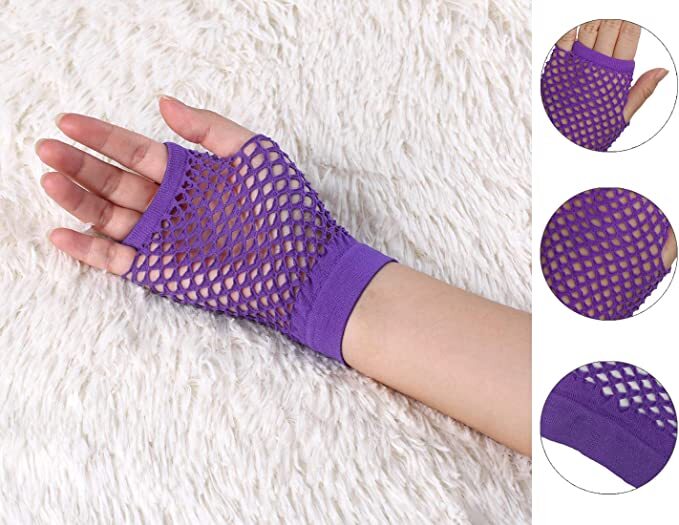 1 Pair Fishnet Gloves Fingerless Wrist Length 70s 80s Costume Party - Purple