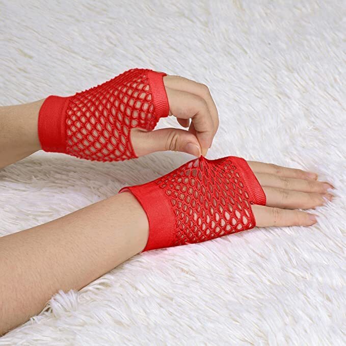 1 Pair Fishnet Gloves Fingerless Wrist Length 70s 80s Costume Party Dance - Red